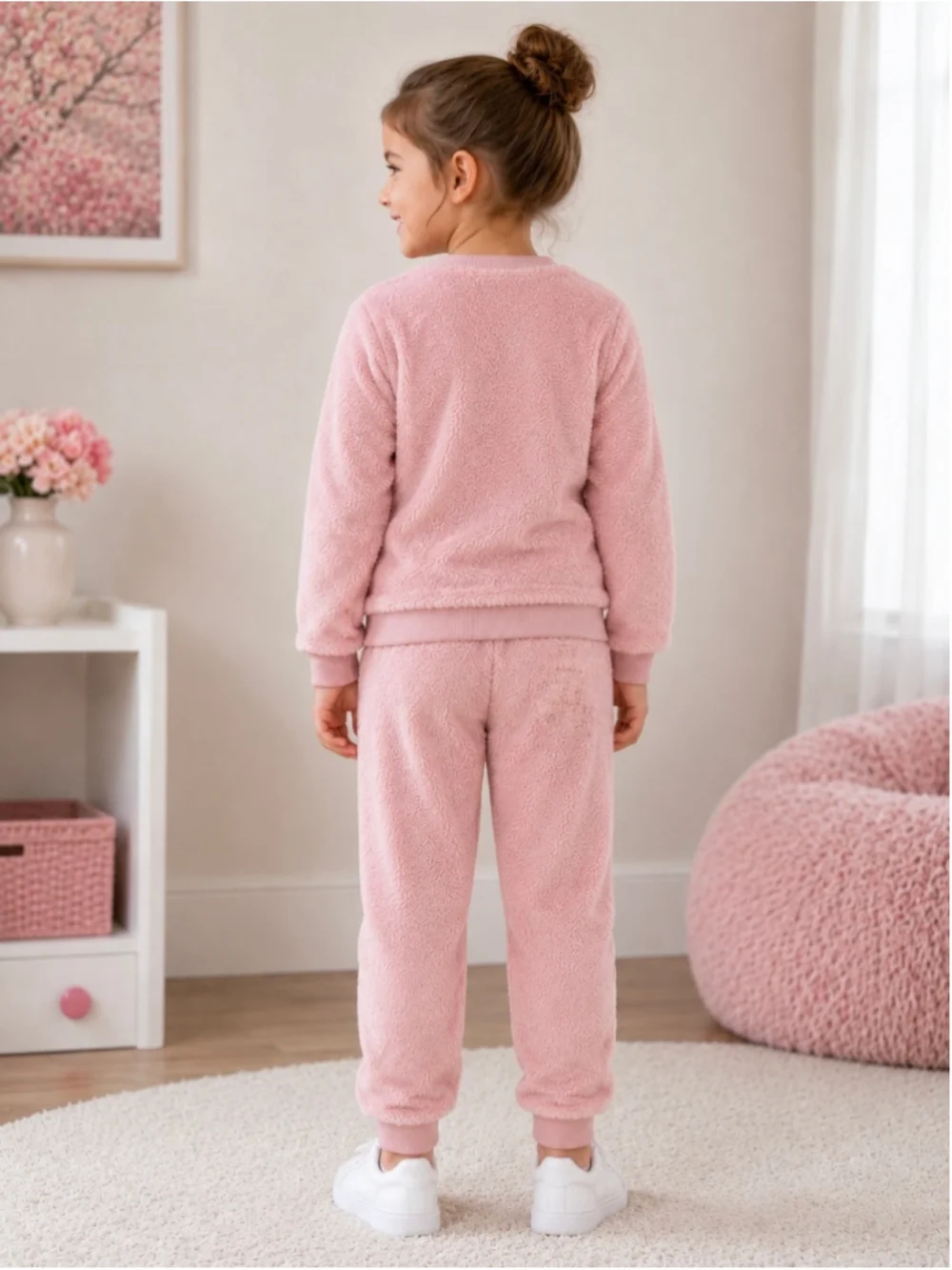Derek Heart Girls Pink Cherry Sequin Sherpa Fleece Sweatshirt & Jogger Set
